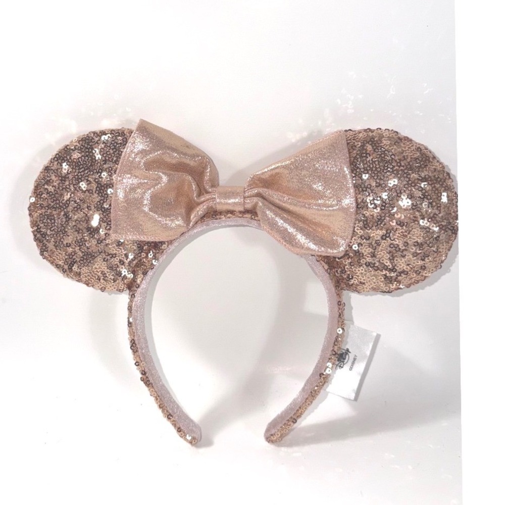 Disney Parks Minnie Mouse Rose Gold Sequin Ear Headband Metallic Bow Accessory